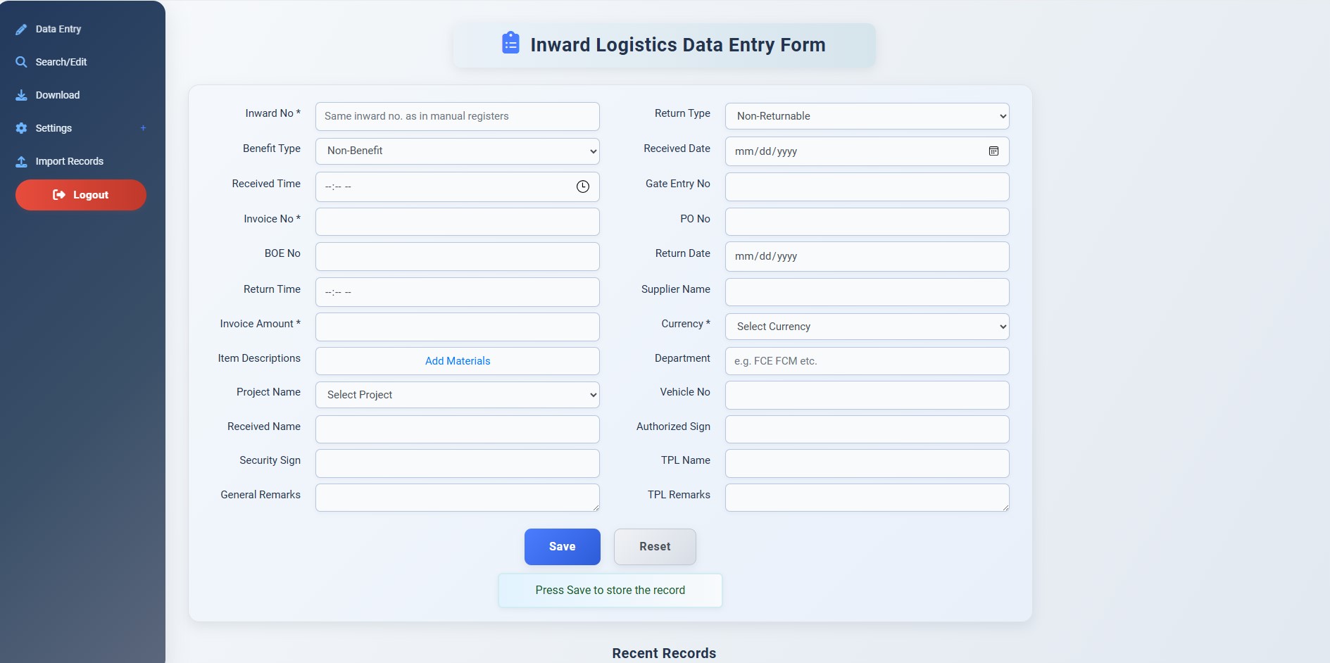 Inward Logistic Management screenshot